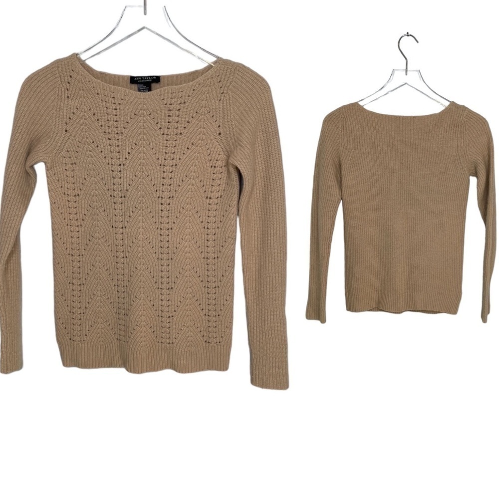Ann Taylor Wool/Cashmere Blend Oatmeal Boatneck Sweater Lacy Knit Front Size XS